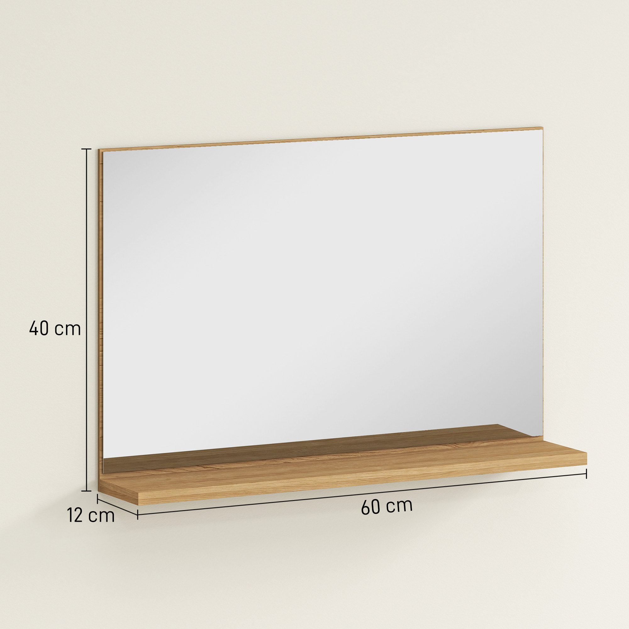 Espejo de Baño con Estante Abierto, Espejo de Pared, Estilo Moderno, para Entrada, Pasillo, 60x12x40 cm, Madera Natural