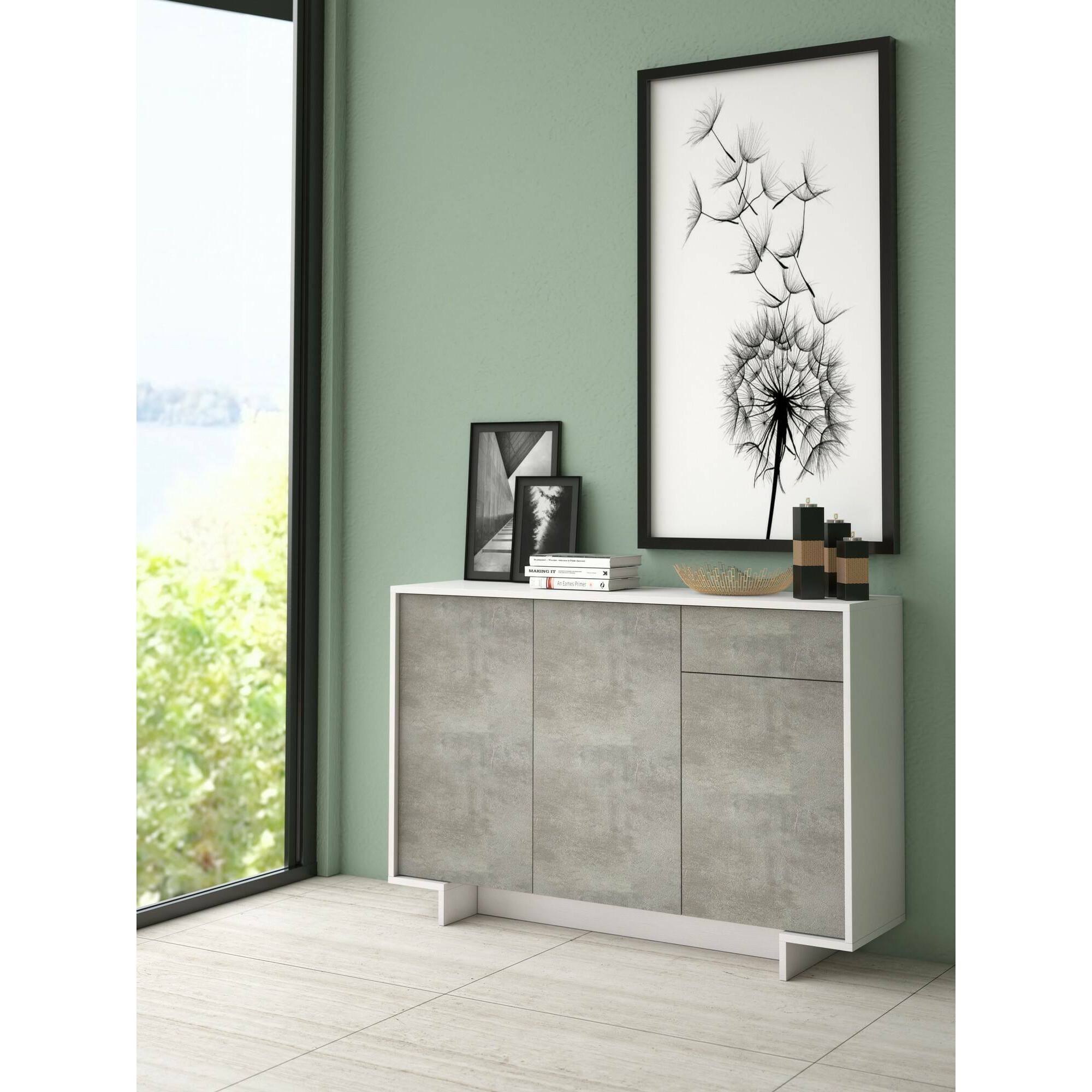 Credenza Dbakayok, Madia da salotto, Buffet da soggiorno a 3 ante e 1 cassetto, 100% Made in Italy, 134x35h87 cm, Bianco e Cemento