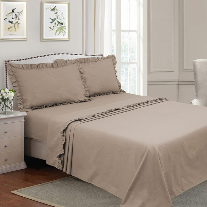 Completo Lenzuola Matrimoniale, 100% Cotone, Lenzuolo Sopra 240x290 cm + Lenzuolo Sotto con Angoli 170x195x25 cm + 2 Federe 50x80 cm, Beige