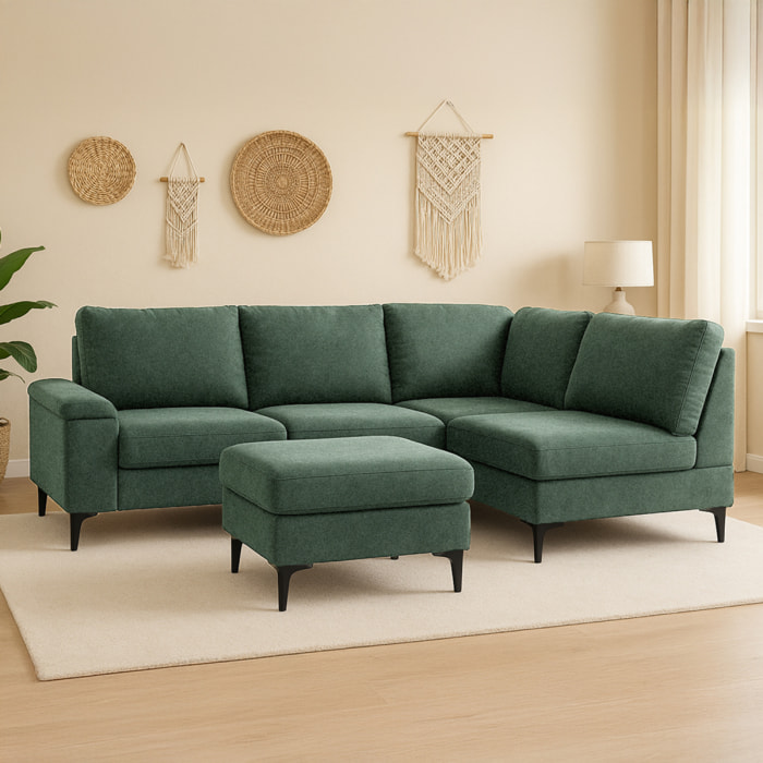BRADLEY Canapé d'angle 4/5 places en tissu chenille vert avec pouf
