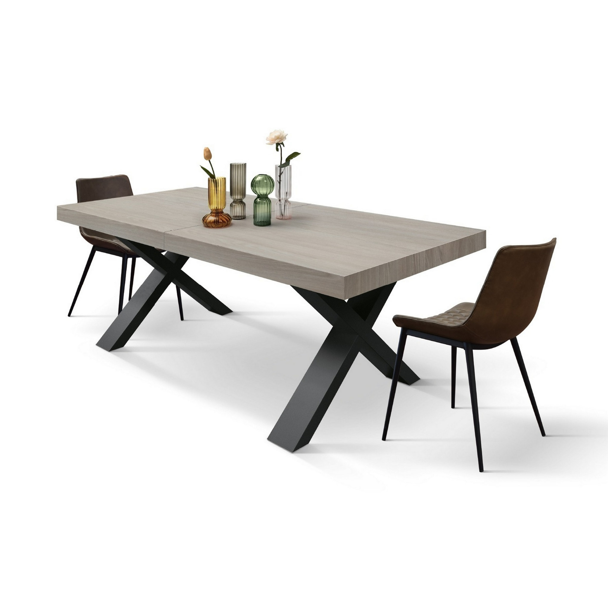 Tavolo allungabile AMALFI in legno effetto olmo perla e gambe a X antracite, allungabile 160x90 cm - 240x90 cm