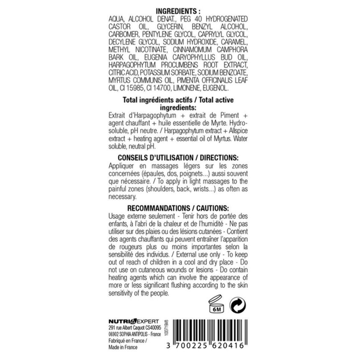 NUTRI EXPERT - Gel Artrogenol - Formule chauffante à l'Harpagophytum, piment et huile essentielle de Myrte - Souplesse & confort articulaires - Tube 100 ml