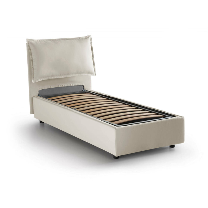 Letto singolo Alto, Letto contenitore con rivestimento in tessuto, 100% Made in Italy, Apertura frontale, adatto per materasso Cm 80x190, Beige