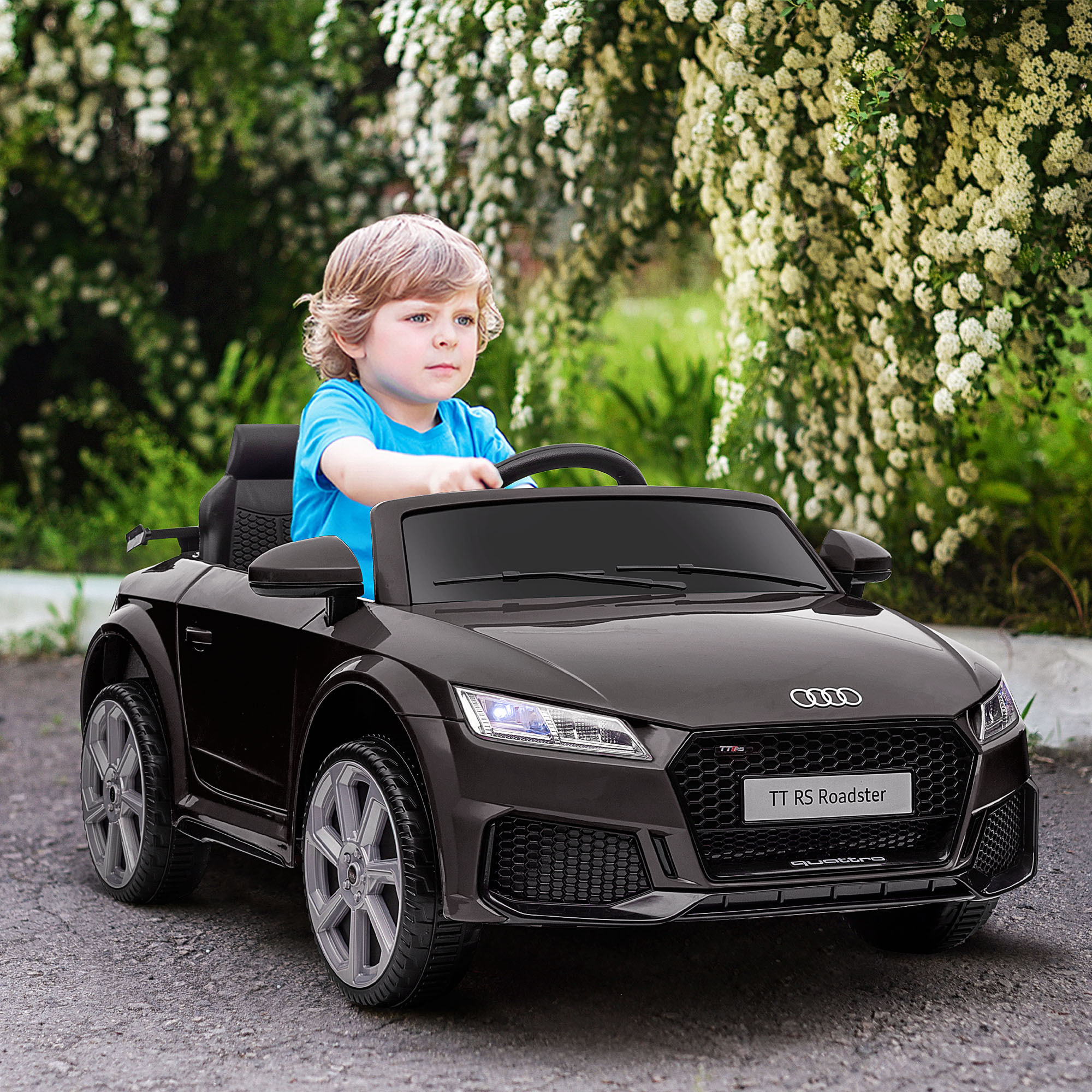 Audi TT Eléctrico Infantil Coche Juguete Niño 3 Años+ con Mando a Distancia con Música y Luces Modos de Aprendizaje Batería 12V Doble Apertura de Puerta 102x60x44 cm Negro