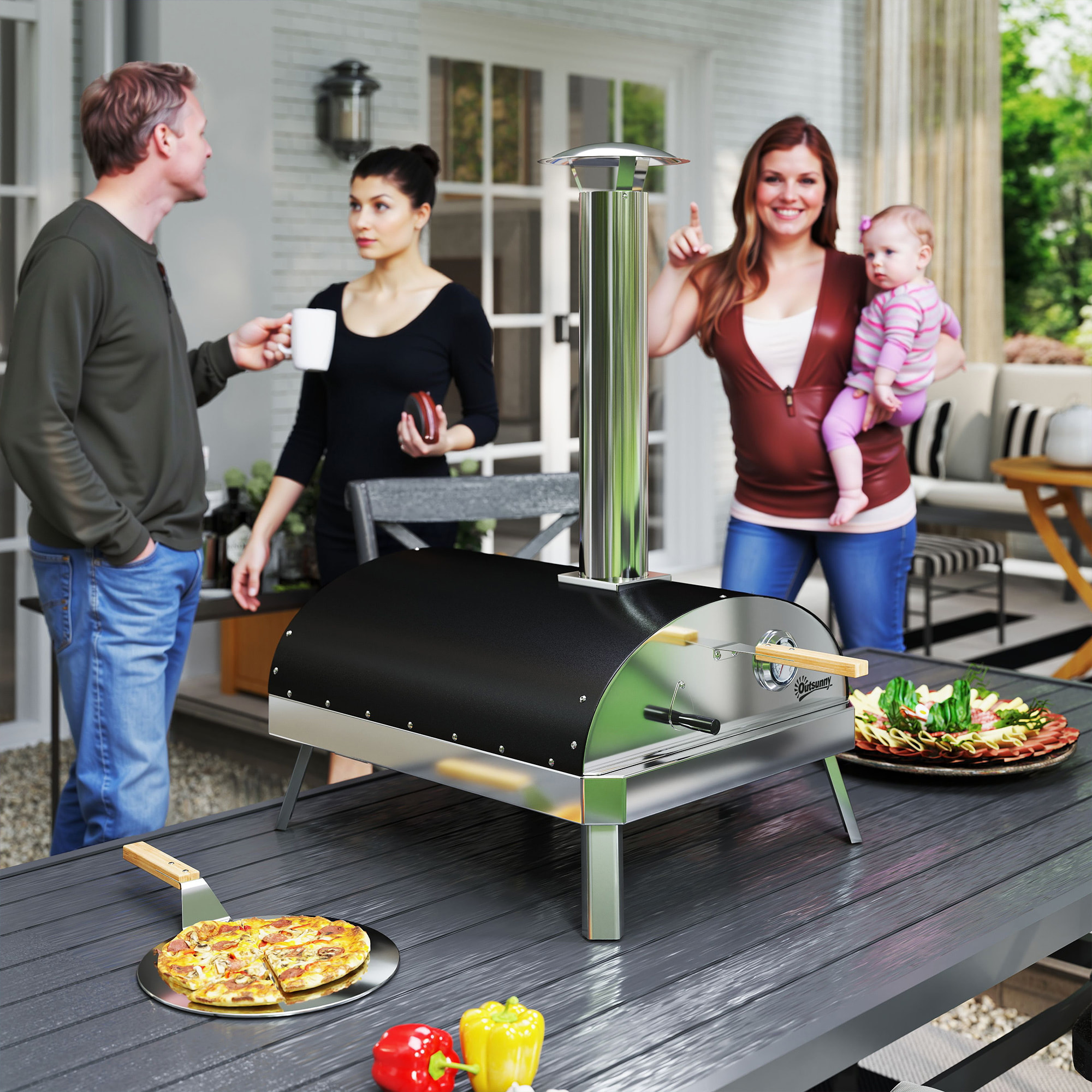 Mini Horno de Pizza Exterior Portátil Horno de Leña con Piedra Refractaria Ø33 cm Pala Mangos de Madera Termómetro y Bandeja Giratoria para Jardín Terraza Camping Patio