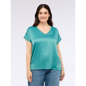 Fiorella Rubino - T-shirt bimaterica con scollo a V - Ottanio