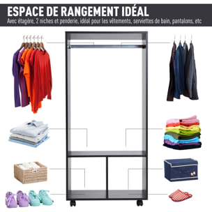 Armoire penderie étagère 2 niches penderie 4 roulettes pivotantes dim. 60L x 40l x 128H cm noir