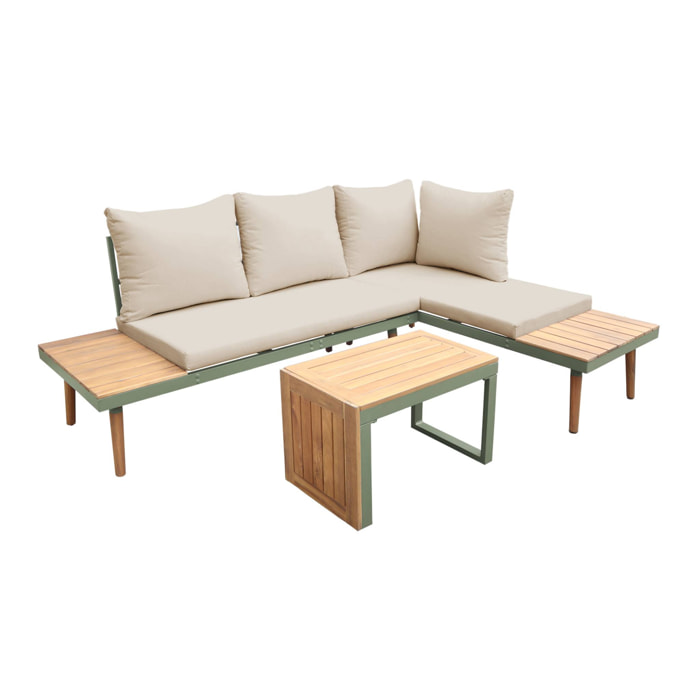 Salon de jardin kaki foncé. modulable en aluminium et bois d'acacia. 4 places. Sao Paulo.140 x 68 x 65cm