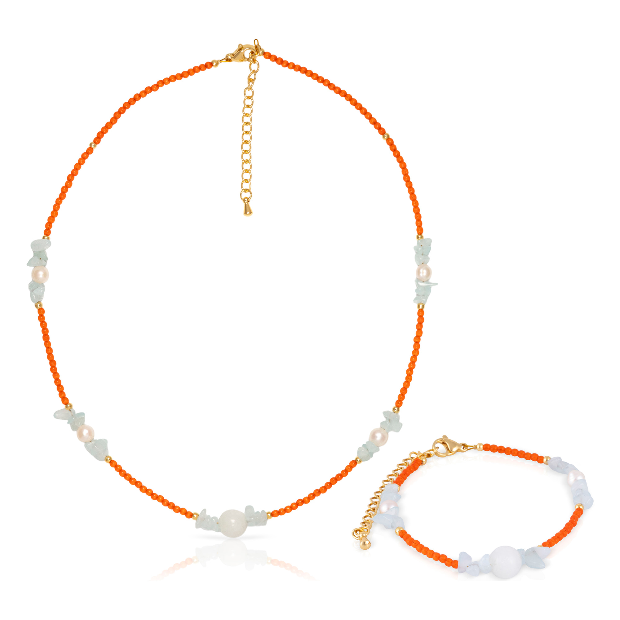 Set de pulsera y collar a juego de ojo de gato naranja, lapislázuli claro, mármol blanco y perlas naturales con cierre de mosquetón.
