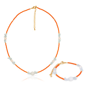 Set de pulsera y collar a juego de ojo de gato naranja, lapislázuli claro, mármol blanco y perlas naturales con cierre de mosquetón.
