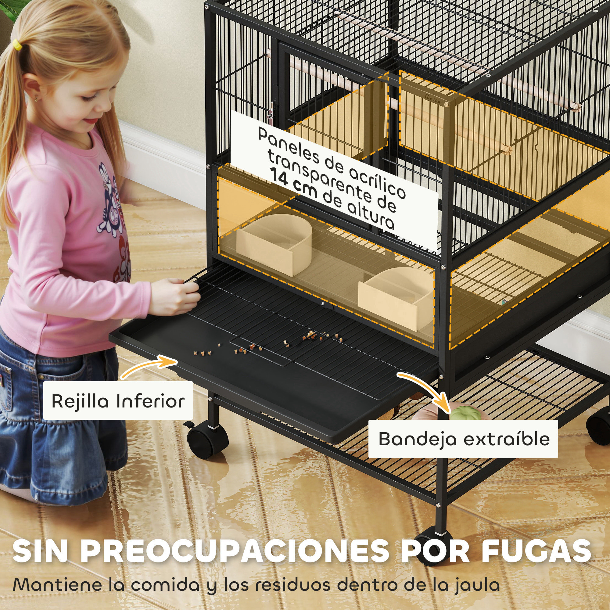 Jaula para Pájaros Jaula Grande con Ruedas Paneles Acrílicos Comederos Perchas Estante Bandejas Extraíbles Pajarera para Loros Canarios 48x46x83 cm Negro