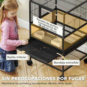 Jaula para Pájaros Jaula Grande con Ruedas Paneles Acrílicos Comederos Perchas Estante Bandejas Extraíbles Pajarera para Loros Canarios 48x46x83 cm Negro