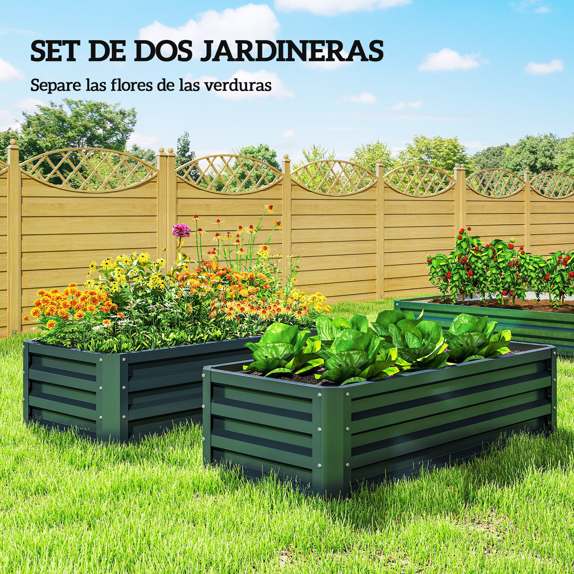 Juego de 2 Jardineras Exterior Grandes de Acero Galvanizado, Huertos Urbanos, Maceteros Exterior Elevados para Plantas, Flores, Terraza, Jardín, Resistente a la Intemperie, 110x50x30 cm Verde