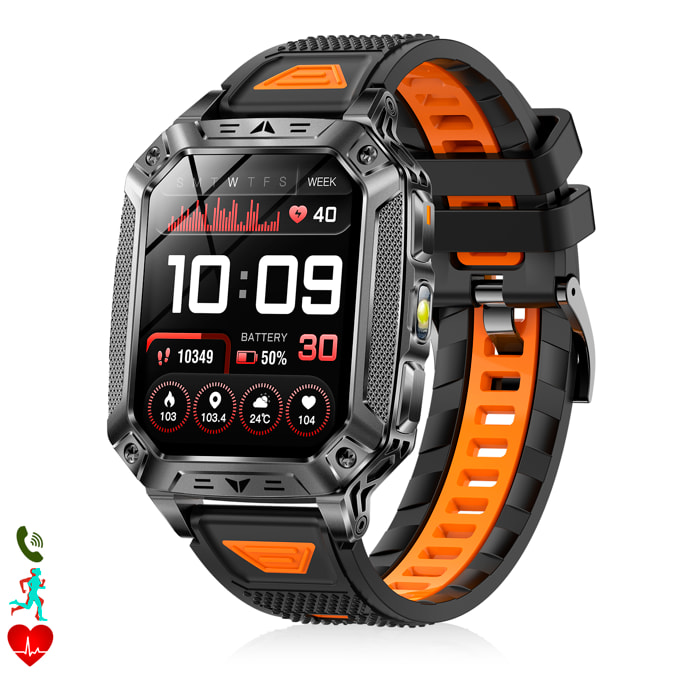 Smartwatch QS86. Con llamadas BT, batería de larga duración, modos de salud y deporte. Linterna y luz roja con aviso SOS sonoro.