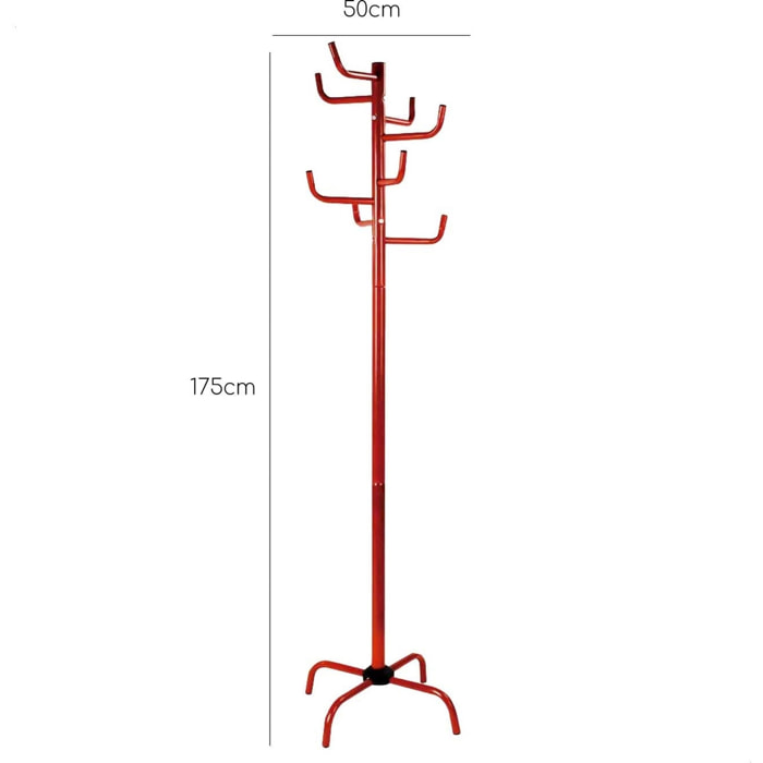 Perchero tree metalico rojo con 8 perchas, 50x50x183 cm
