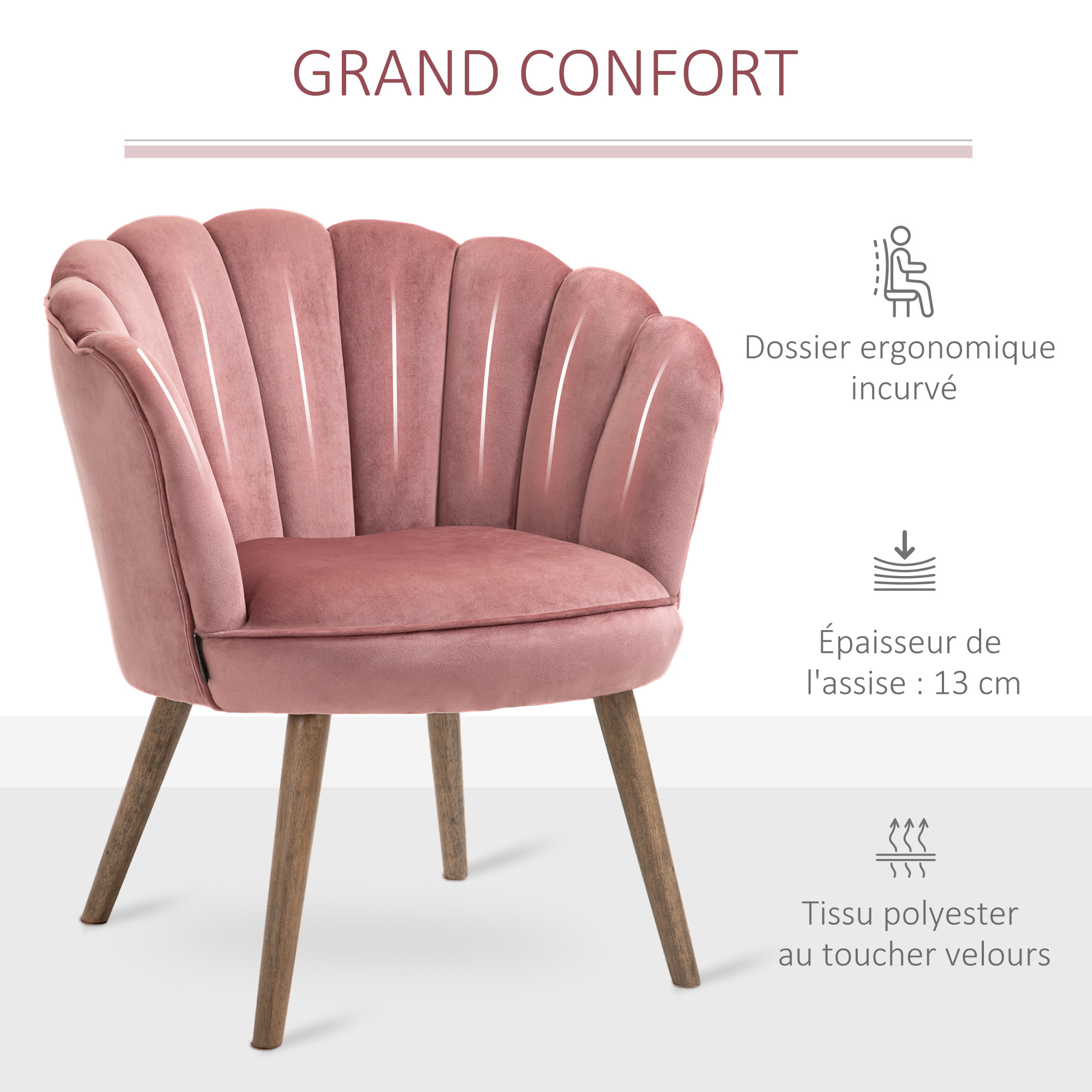 Fauteuil design coquillage piètement effilé bois d'hévéa dossier enveloppant strié aspect velours rose poudré