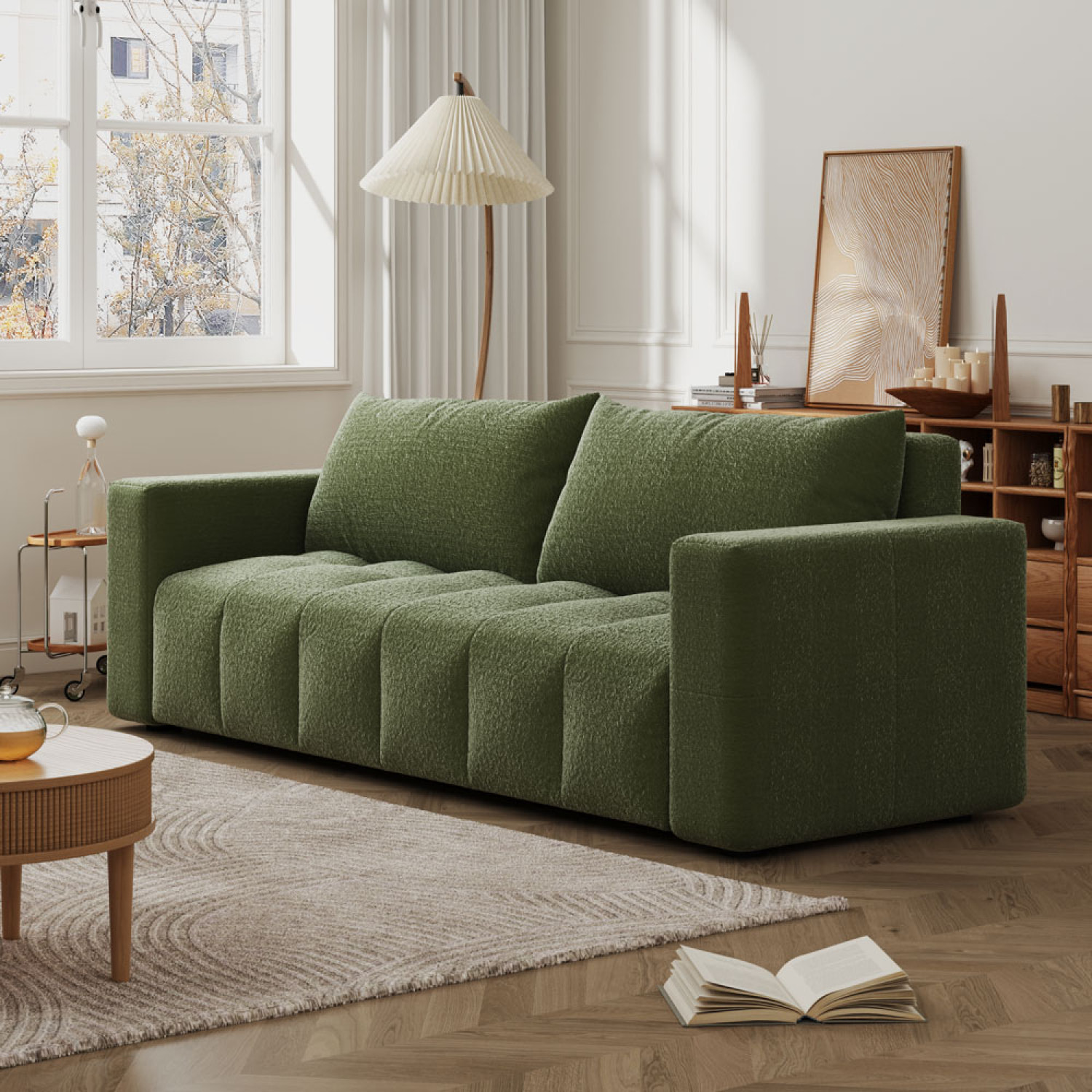 MIDLAND Canapé convertible 3 places avec coffre en bouclette vert