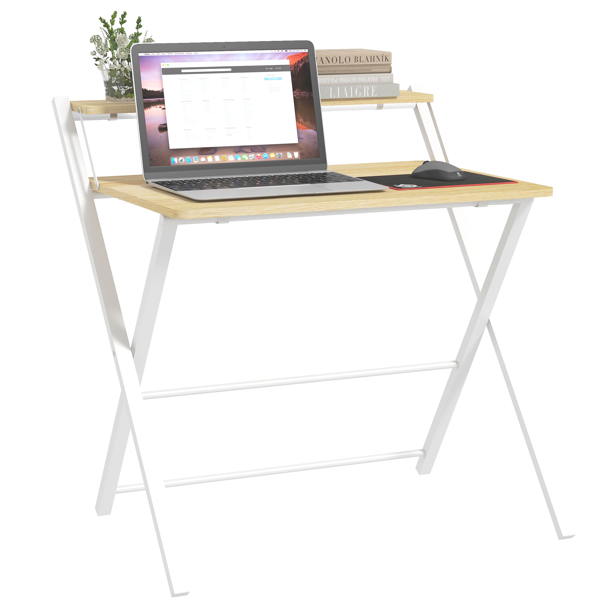 Mesa de Escritorio Plegable Mesa de Estudio con Estante Superior Estilo Moderno para Sala Oficina Dormitorio 81,5x70x84 cm Natural y Blanco