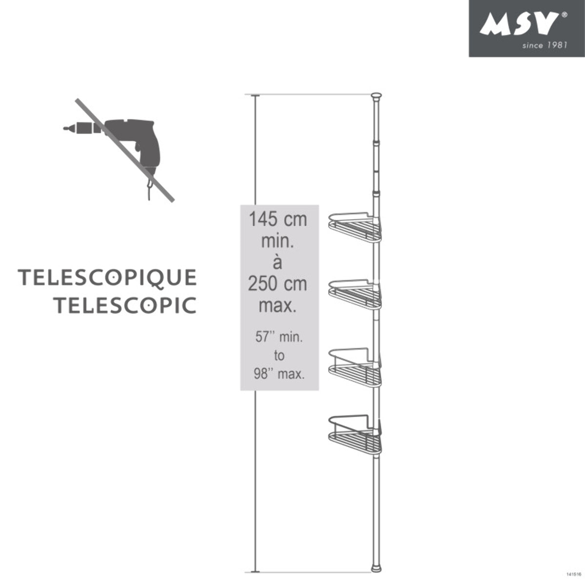 Etagère de douche d'angle auto-portée 145-250cm Acier Chromé telecscopique - sans perçage - 4 tablettes MSV