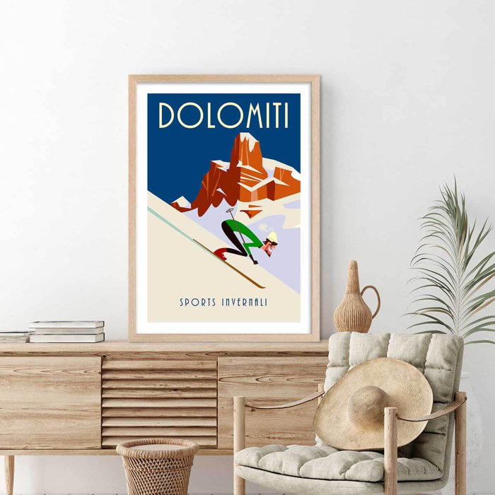 Poster ski et dolomites Affiche + cadre en bois - Chêne