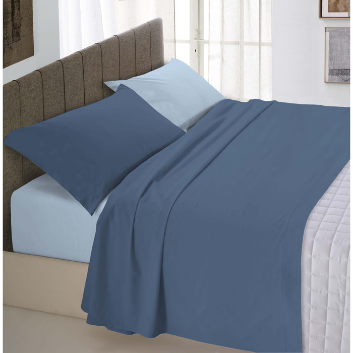 COMPLETO LETTO NATURAL COLOUR MADE IN ITALY COTONE-AVIO/AZZURRO SINGOLO