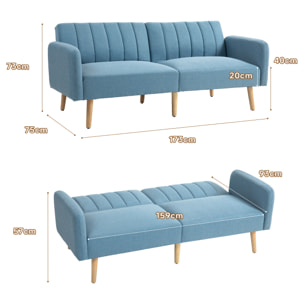 Sofá Cama de 2 Plazas Moderno Sofá Cama Plegable Tapizado en Lino Sintético con Respaldo Ajustable en 3 Niveles y Reposabrazos Desmontables para Salón Oficina 173x75x73 cm Azul Claro