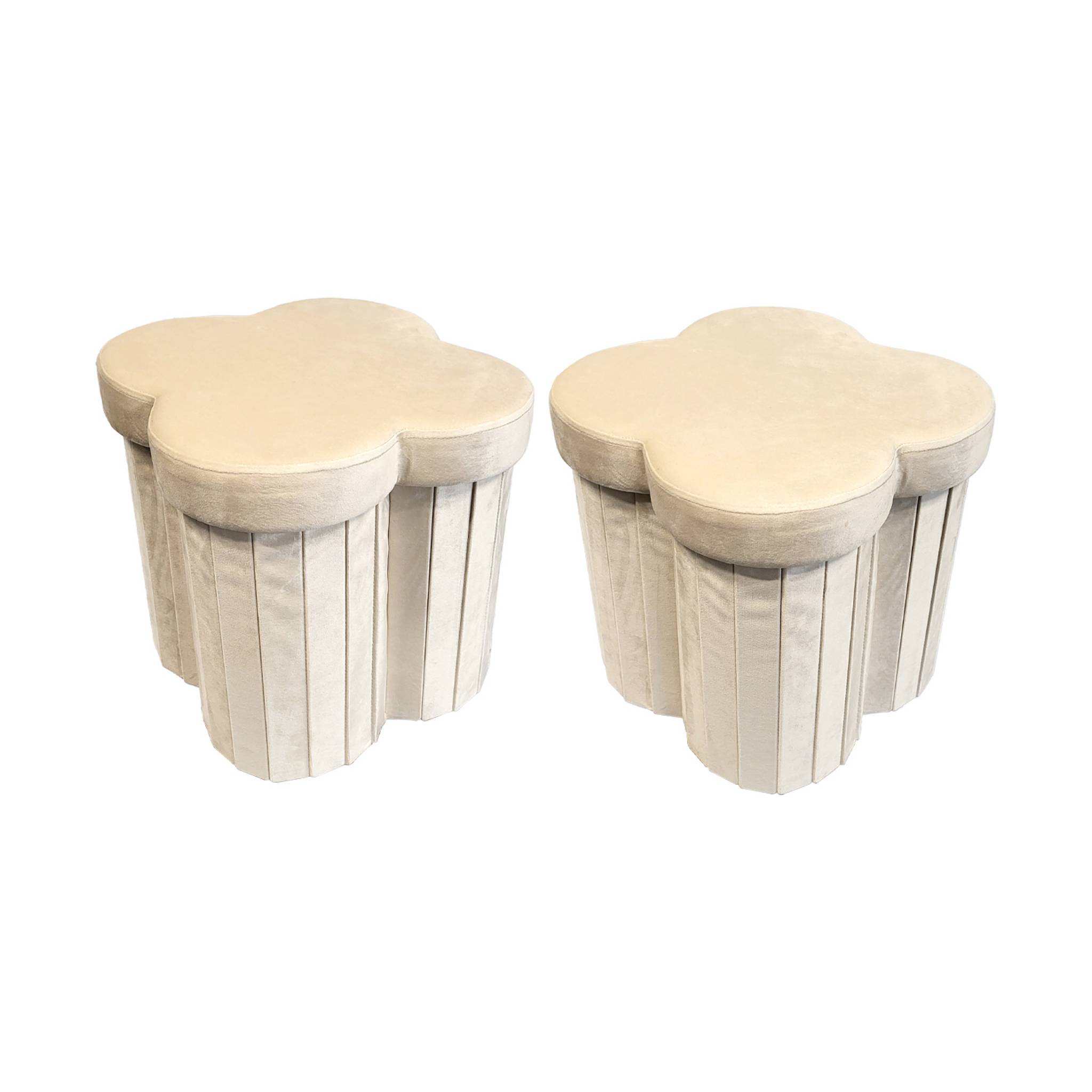 Lot de 2 tabourets-coffre pliables pour enfant avec assise en velours beige et en forme de fleur