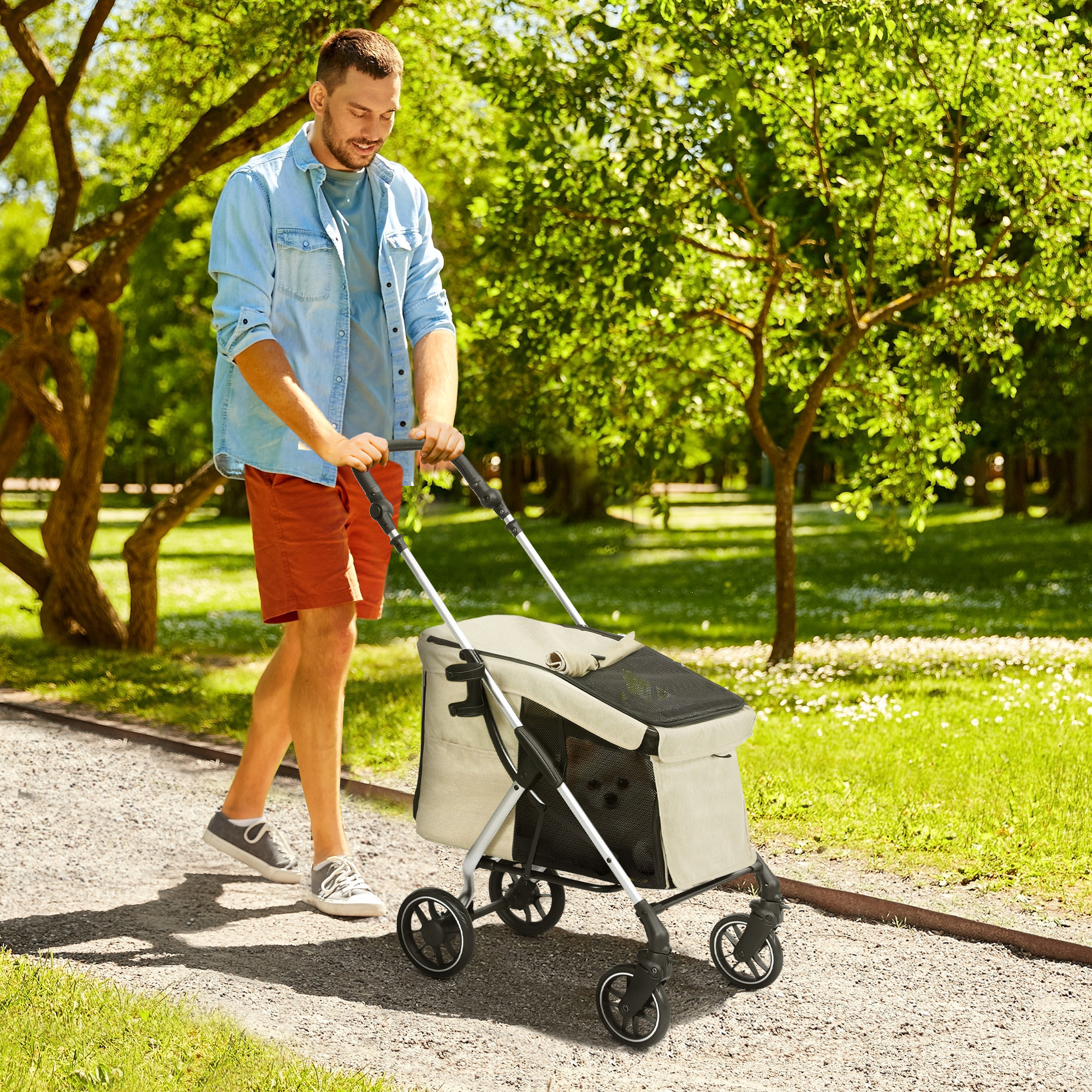 para Perros Plegable Cochecito para Perros Pequeños hasta 10 kg con Ruedas Universales Marco de Aluminio Correa de Seguridad Cojín Lavable y Ventanas 80x48,5x106 cm Caqui