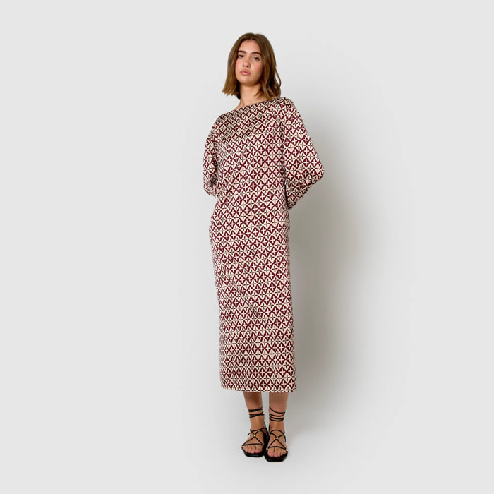 Vestido largo satén tara burdeos