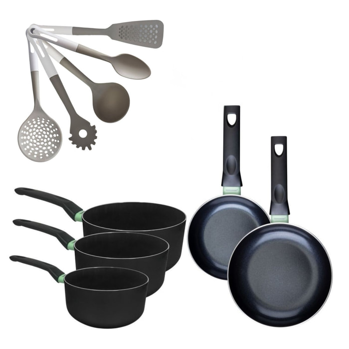 Lot 2 Poêles et 3 Casseroles Fackelmann Brandao avec 5 ustensiles Vario