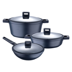 Juego de Cacerola Ø28x13cm + Cacerola baja de Ø28x8cm + Wok Ø28x8cm en Aluminio fundido con tapas INDIGO MasterPRO