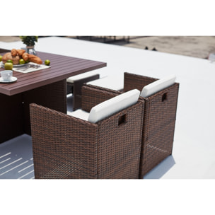 Table et chaise 4 places encastrables alu résine marron-blanc ABASA