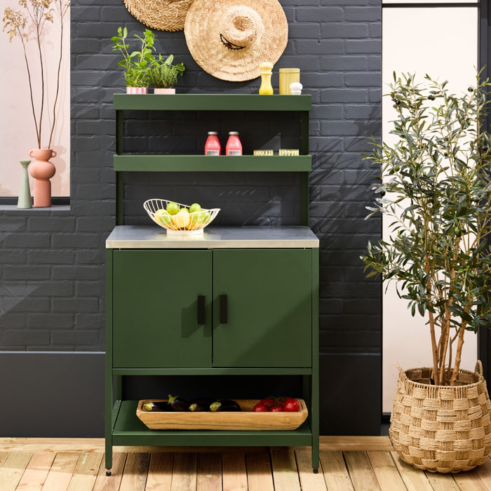 Cuisine d'extérieure en acier vert avec 2 étagères suspendues et 2 portes L80cm