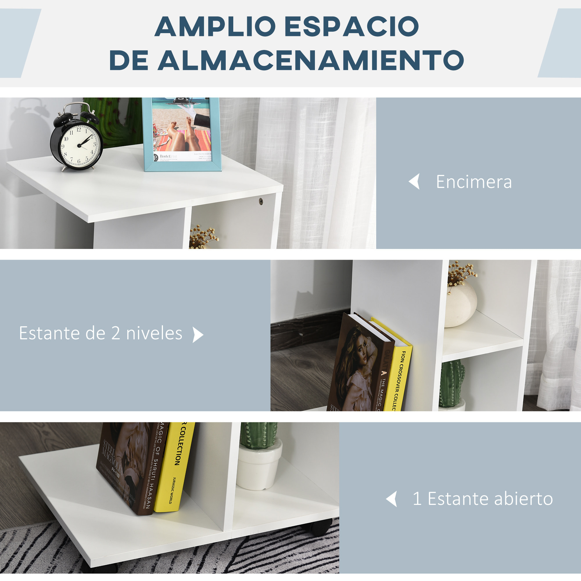 Mesa Lateral en Forma C con Estantes Ruedas 45x35x58 cm Blanco