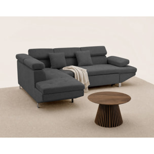 Margaux - Canapé d'angle gauche 5 places convertible avec coffre et têtières réglables en velours texturé - Gris