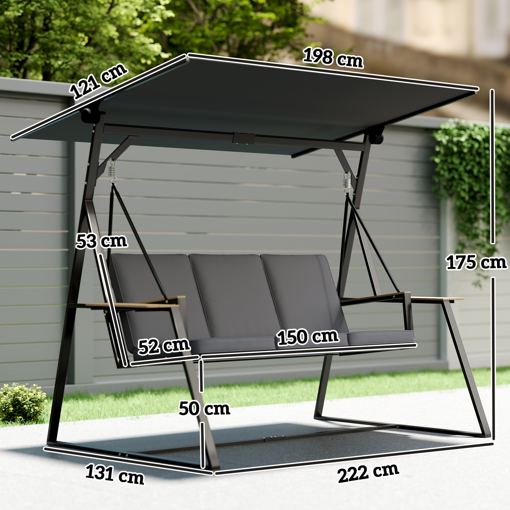 Columpio de Jardín de 3 Plazas, Balancín de Jardín Exterior con Techo Ajustable UPF50+, 2 Bandejas, Cojines y Marco de Metal, para Balcón, Terraza, Patio, Carga 360 kg, 222x131x175 cm, Gris