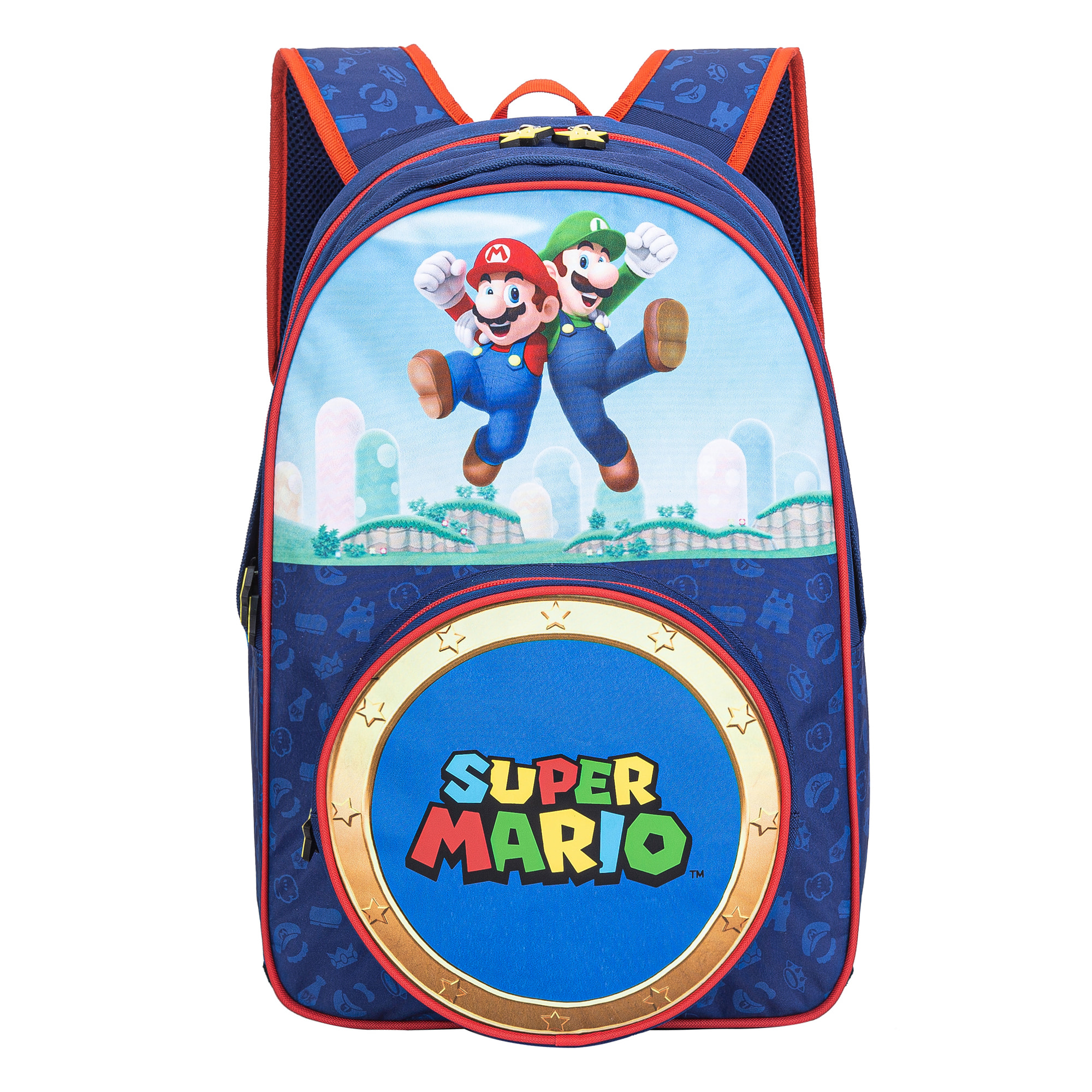 Super Mario Mochila. Bolsillo fontal redondo. Espaldera acolchada.