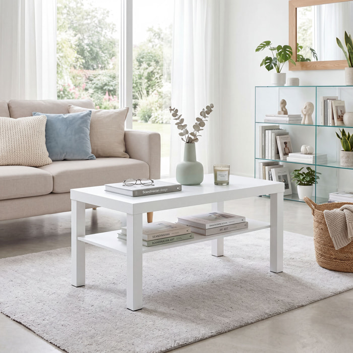 Table basse de salon  2 niveaux avec étagère de rangement - blanc