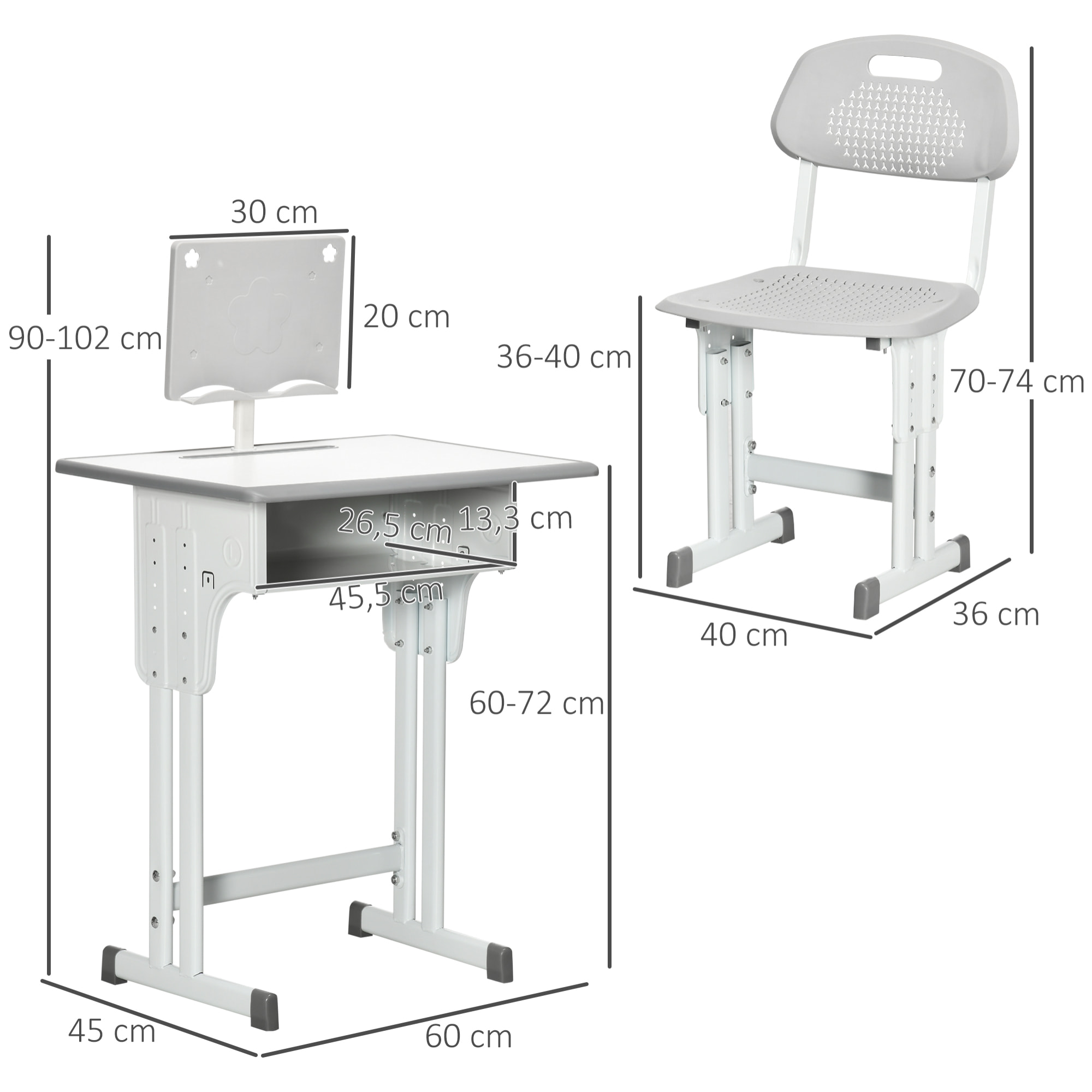 Juego de Escritorio y Silla para Niños de 6-12 Años Pupitre Infantil Altura Ajustable con 1 Cajón 1 Ranura para Lápiz y 1 Estante para Libros Acero 60x45x90-102 cm Gris