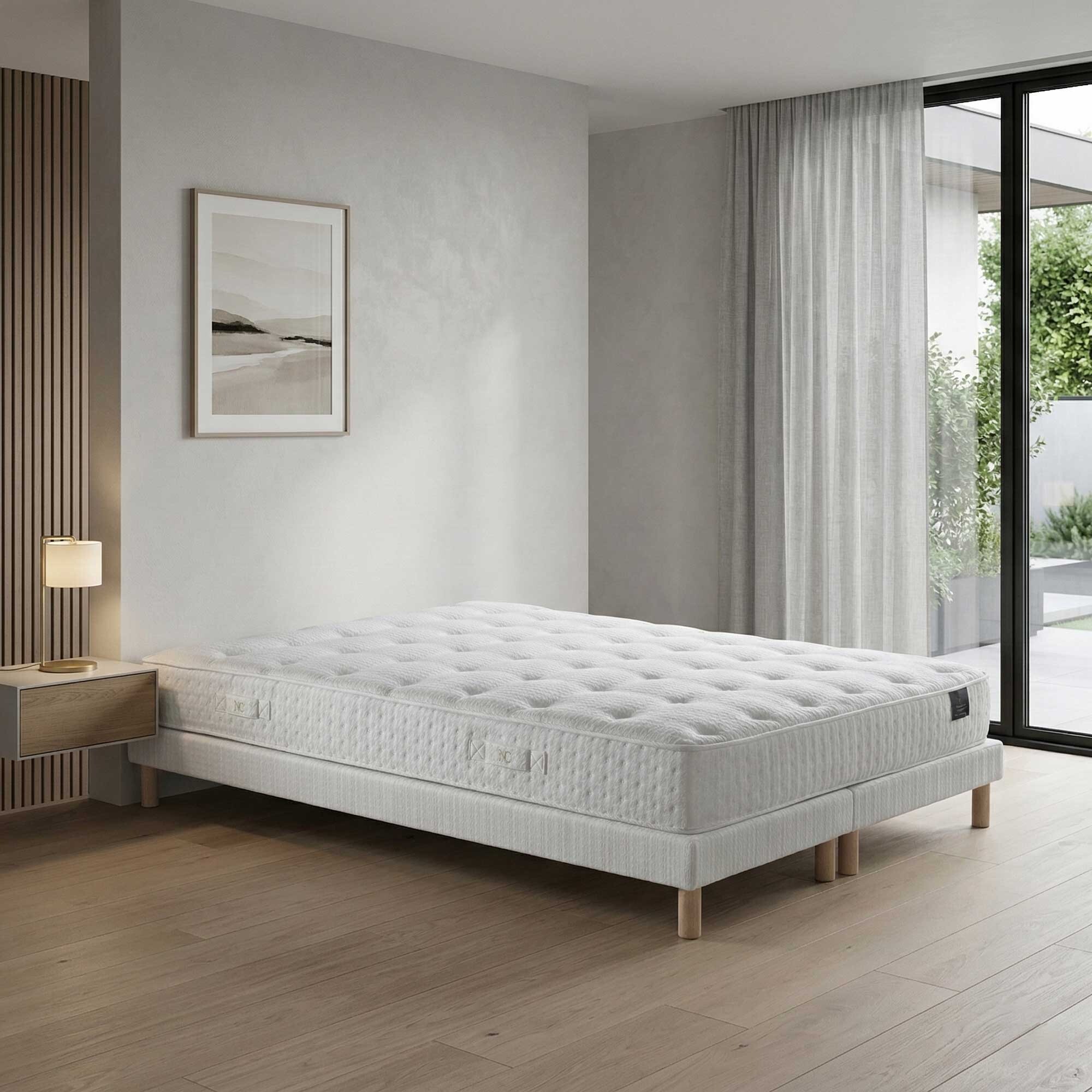 Ensemble matelas ressorts ensachés COMÈTE, H27 cm, sommier blanc pieds de poules