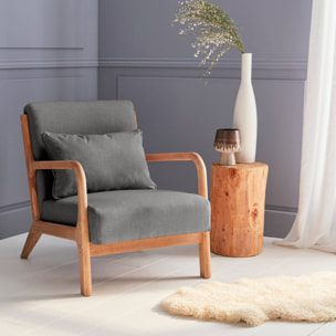 Fauteuil design en bois et tissu. 1 place droit fixe. pieds compas scandinave. structure en bois solide. assise confortable. gris foncé