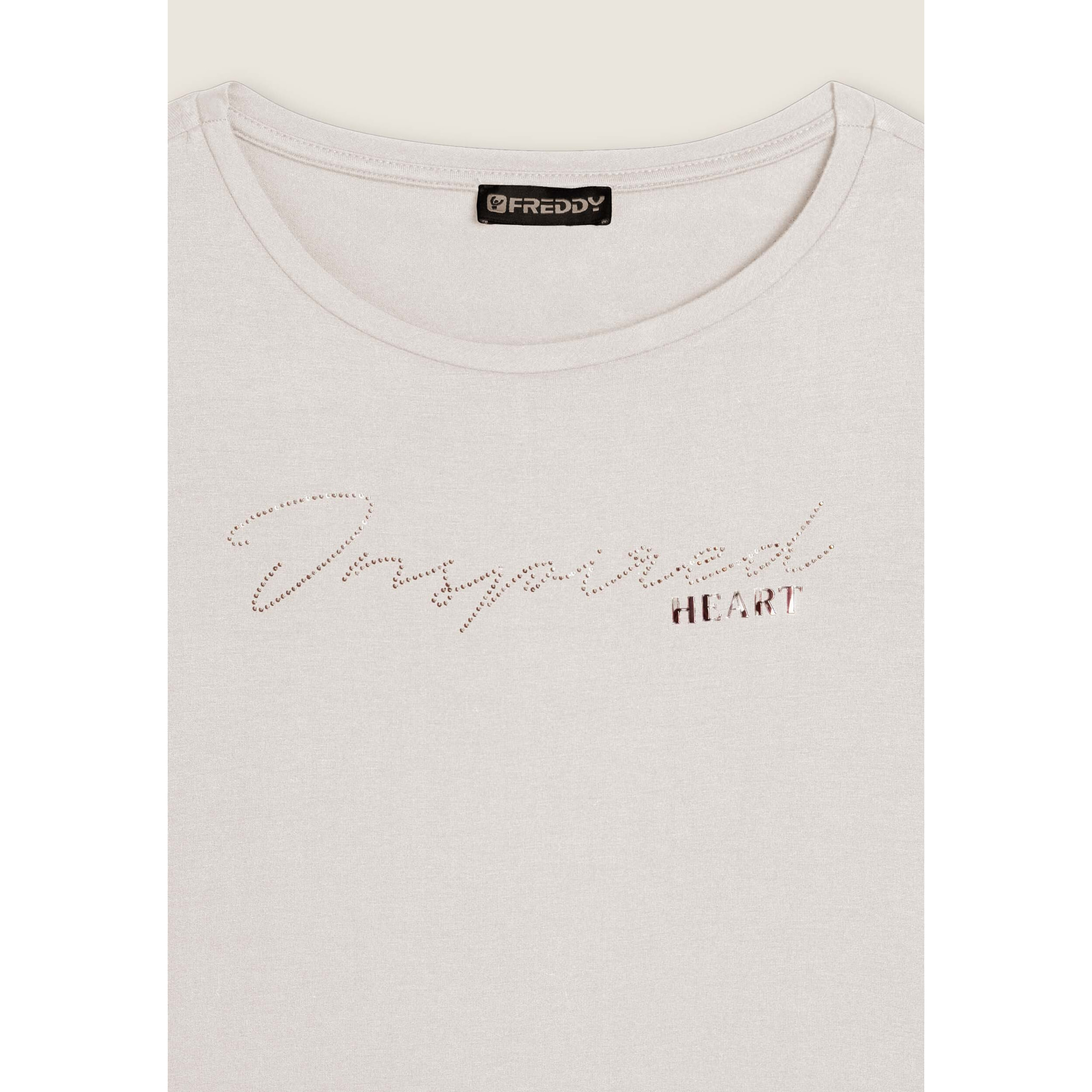 T-shirt donna con grafica in strass e logo sul fondo