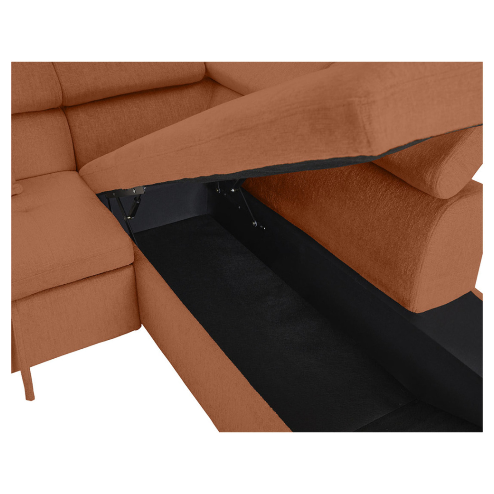 Margaux - Canapé d'angle droit 5 places convertible avec coffre et têtières réglables en velours texturé - Terracotta