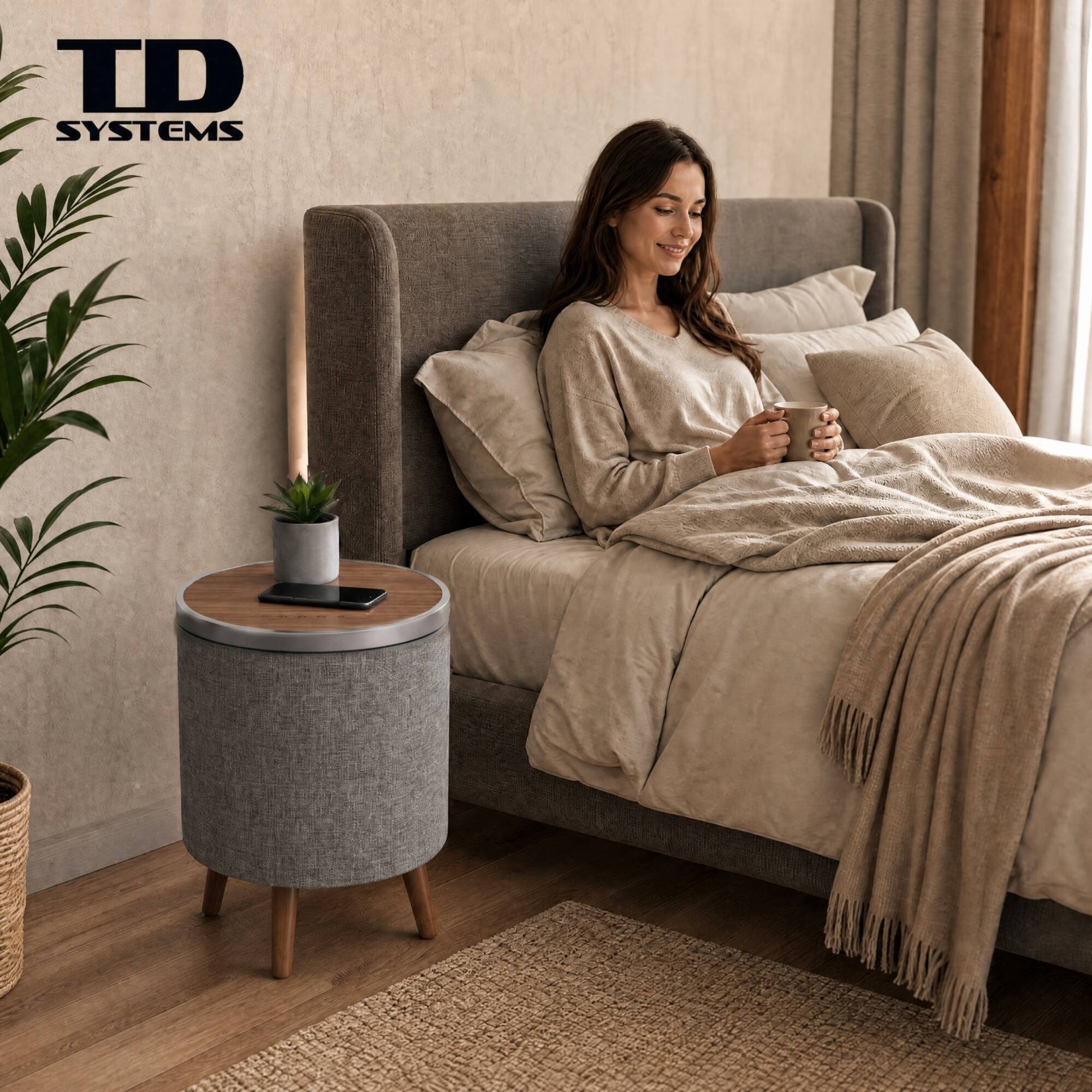 Mesa auxiliar altavoz con sonido de 65W y subwoofer, Bluetooth, base de carga inalámbrica. Mesilla o mesita para dormitorio o sala de estar - TD Systems SM65B11WR [Madera roble]