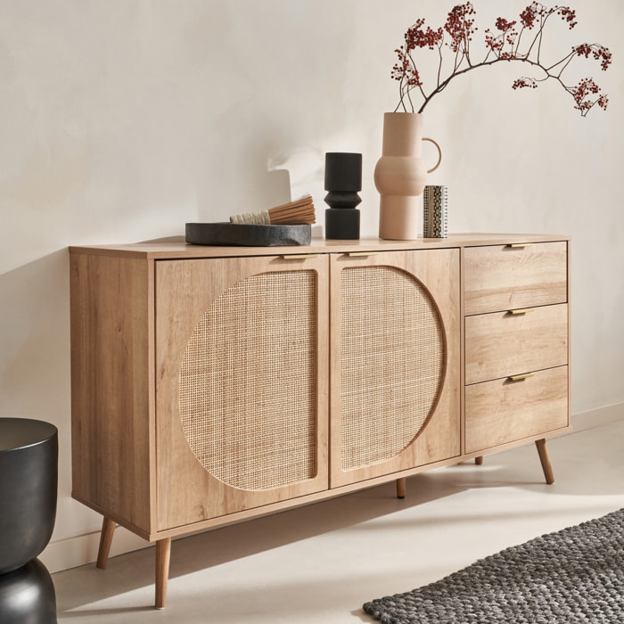 Buffet décor bois et cannage arrondi 2 portes 3 tiroirs 150cm EVA