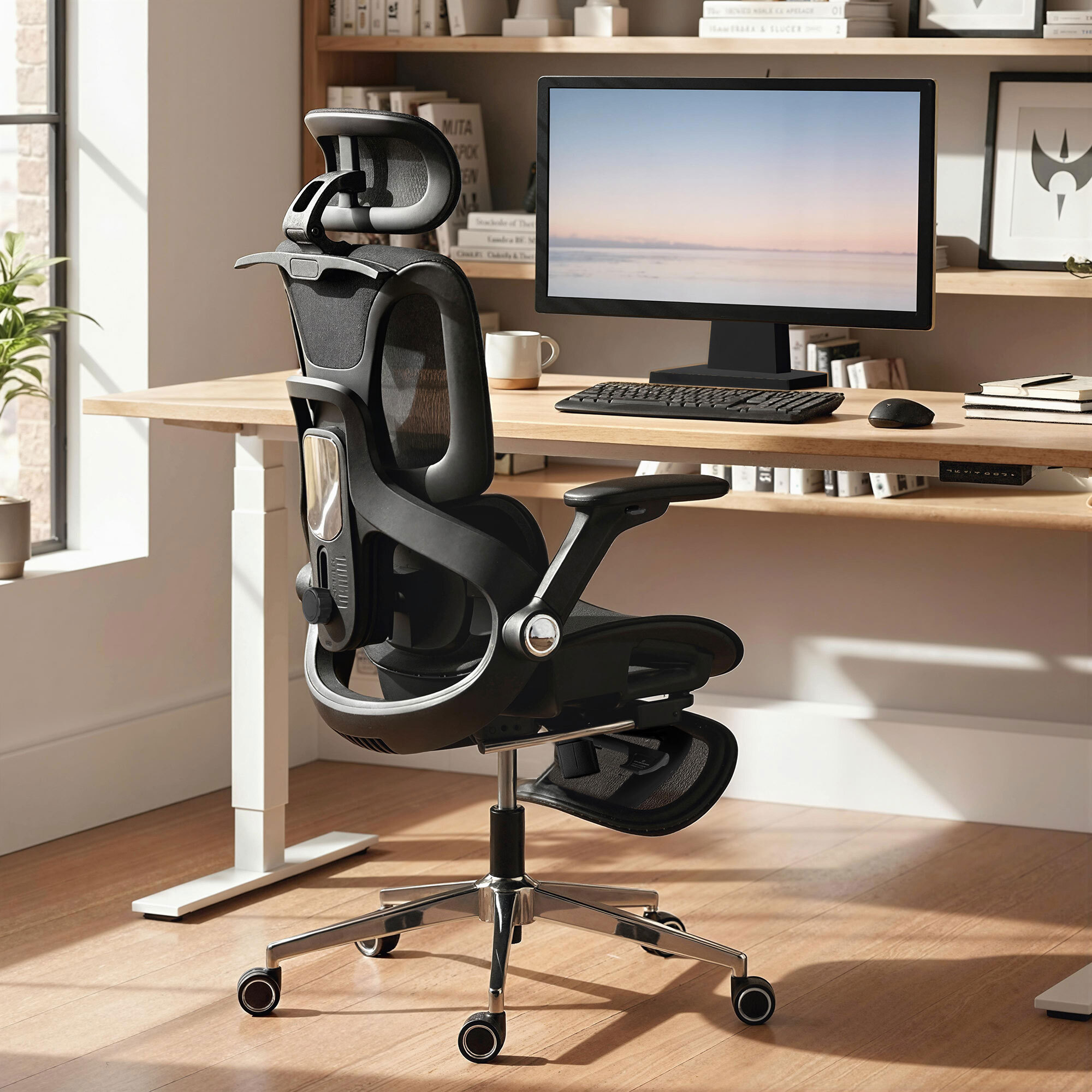 Silla de Escritorio Ergonómica con Reposapiés, Silla de Oficina Giratoria, con Respaldo Reclinable y Alto, Soporte Lumbar, Malla Transpirable, Reposabrazos 4D y Reposacabezas Ajustable, Ruedas