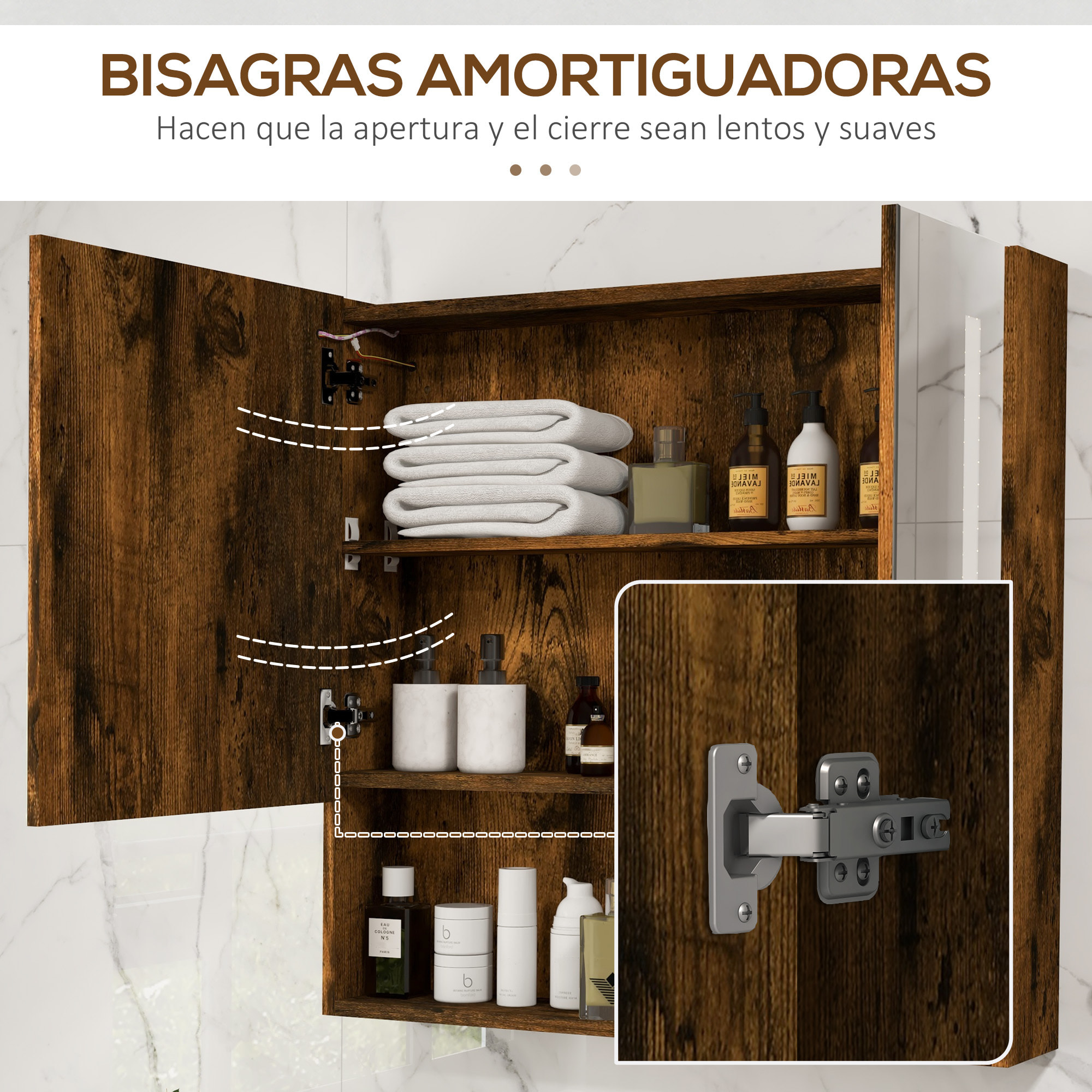 Armario de Baño con Espejo y Luz LED Mueble con Espejo de Pared con 2 Puertas Estante Ajustable Interruptor Táctil y Color de Luz Ajustable 70x15x70 cm Marrón Rústico