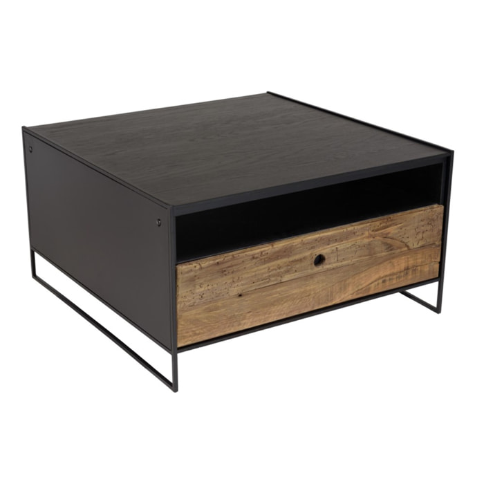 DANDY - Table basse noire 80x80cm 1 tiroir bois Pin recyclé et métal