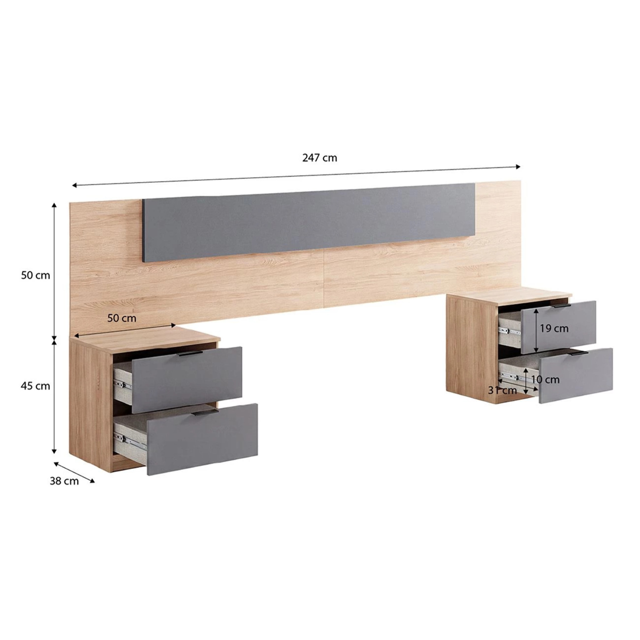 Cabecero para cama de 135-150 cm y 2 mesitas con cajones en roble canadian y gris grafito Akari Roble Canadian - Gris Grafito