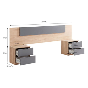 Cabecero para cama de 135-150 cm y 2 mesitas con cajones en roble canadian y gris grafito Akari Roble Canadian - Gris Grafito